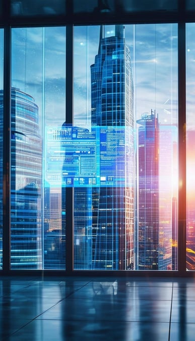 A representation of software development in a modern business environment showing a big window with modern and futuristic buildings outside